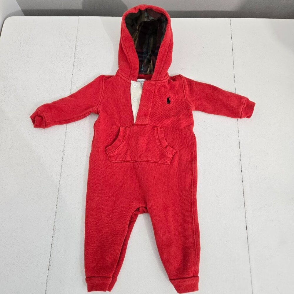 Ralph Lauren Baby Red Hooded Romper Sz 9M Snap Legs Jumper One Piece Plaid Pony